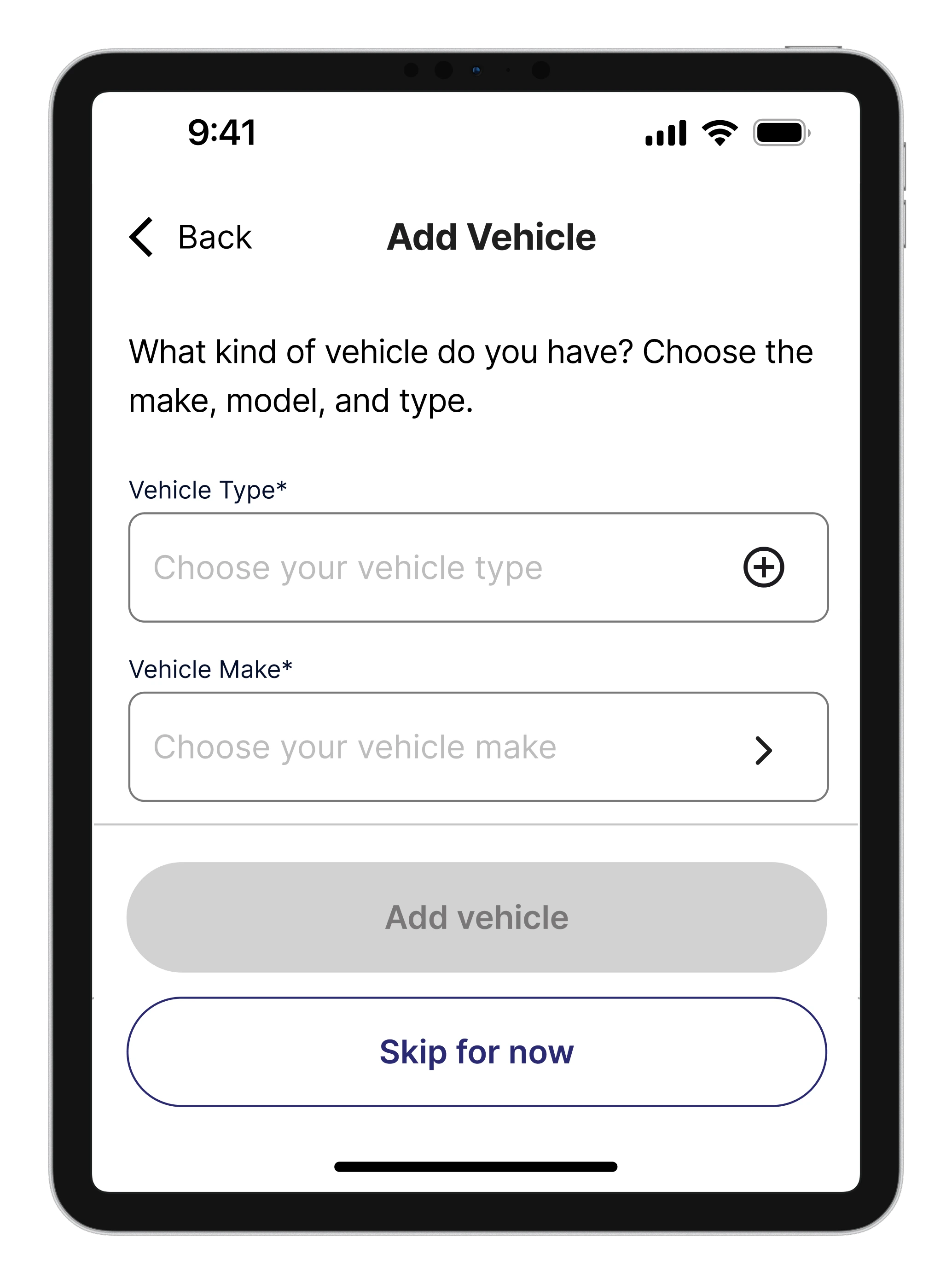 PrimeShine app screen showing tablet screen add vehicle screen page