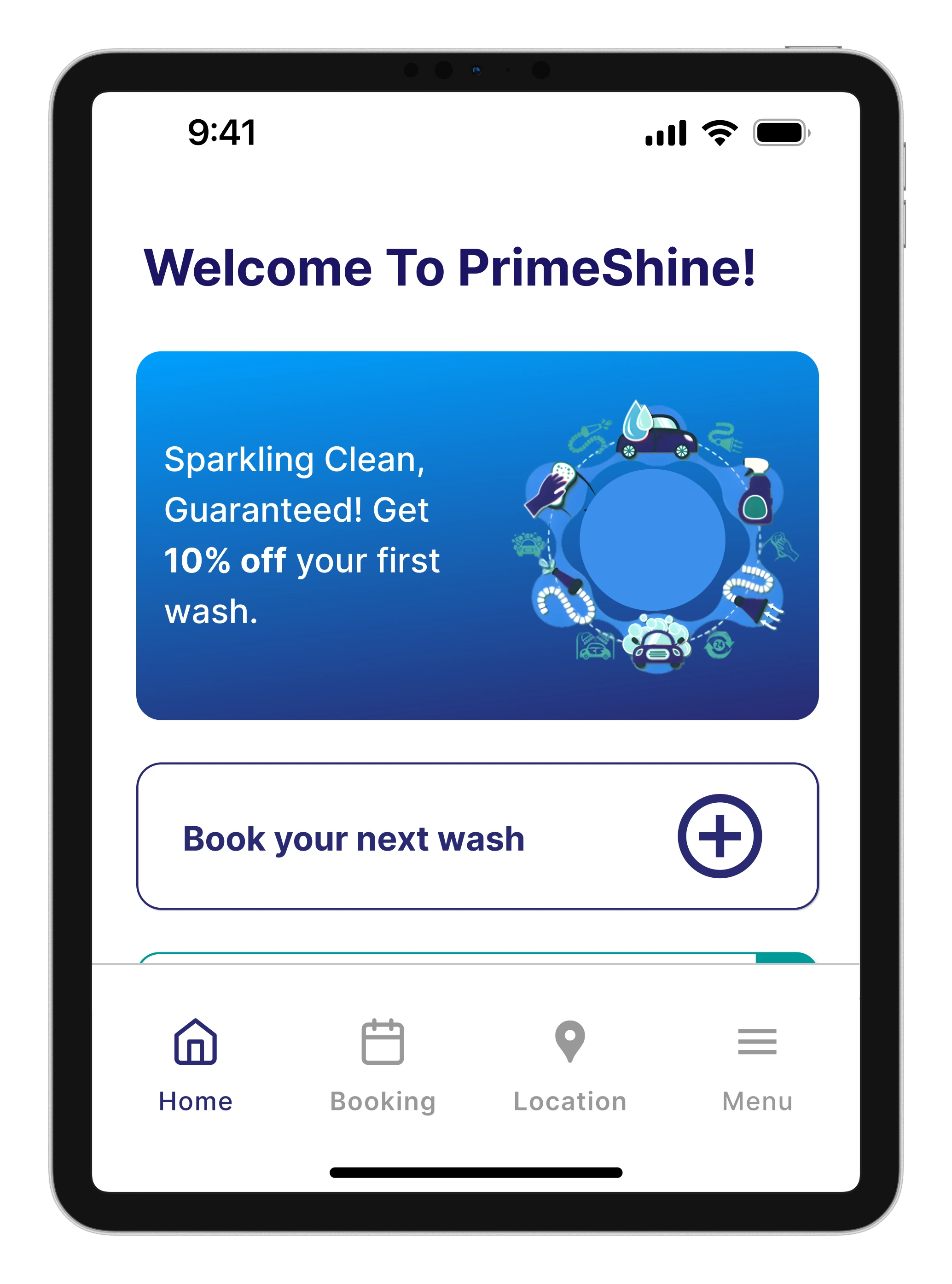 PrimeShine app screen showing tablet screen welcome page