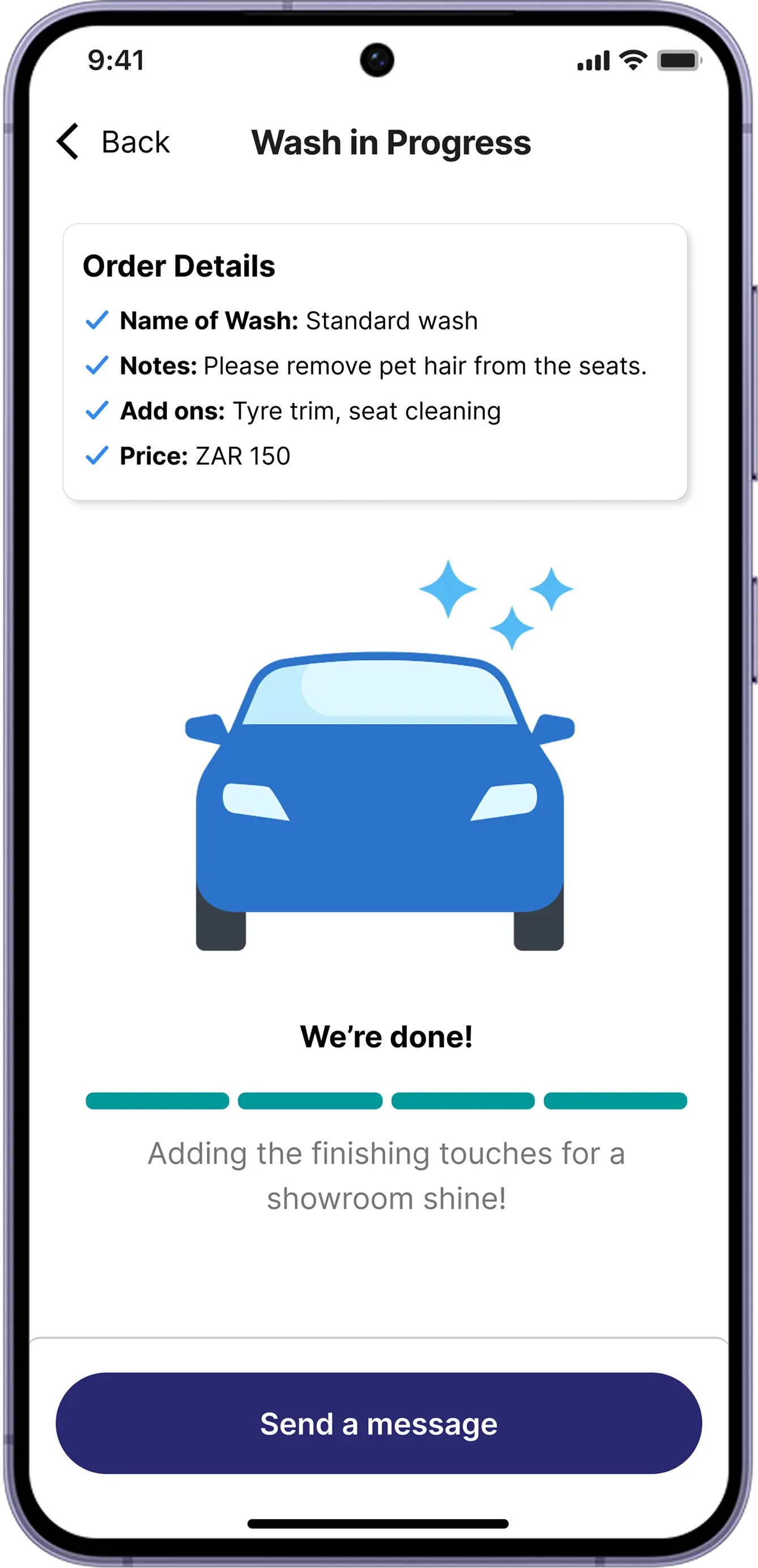PrimeShine app screen showing mobile screen wash in progress page