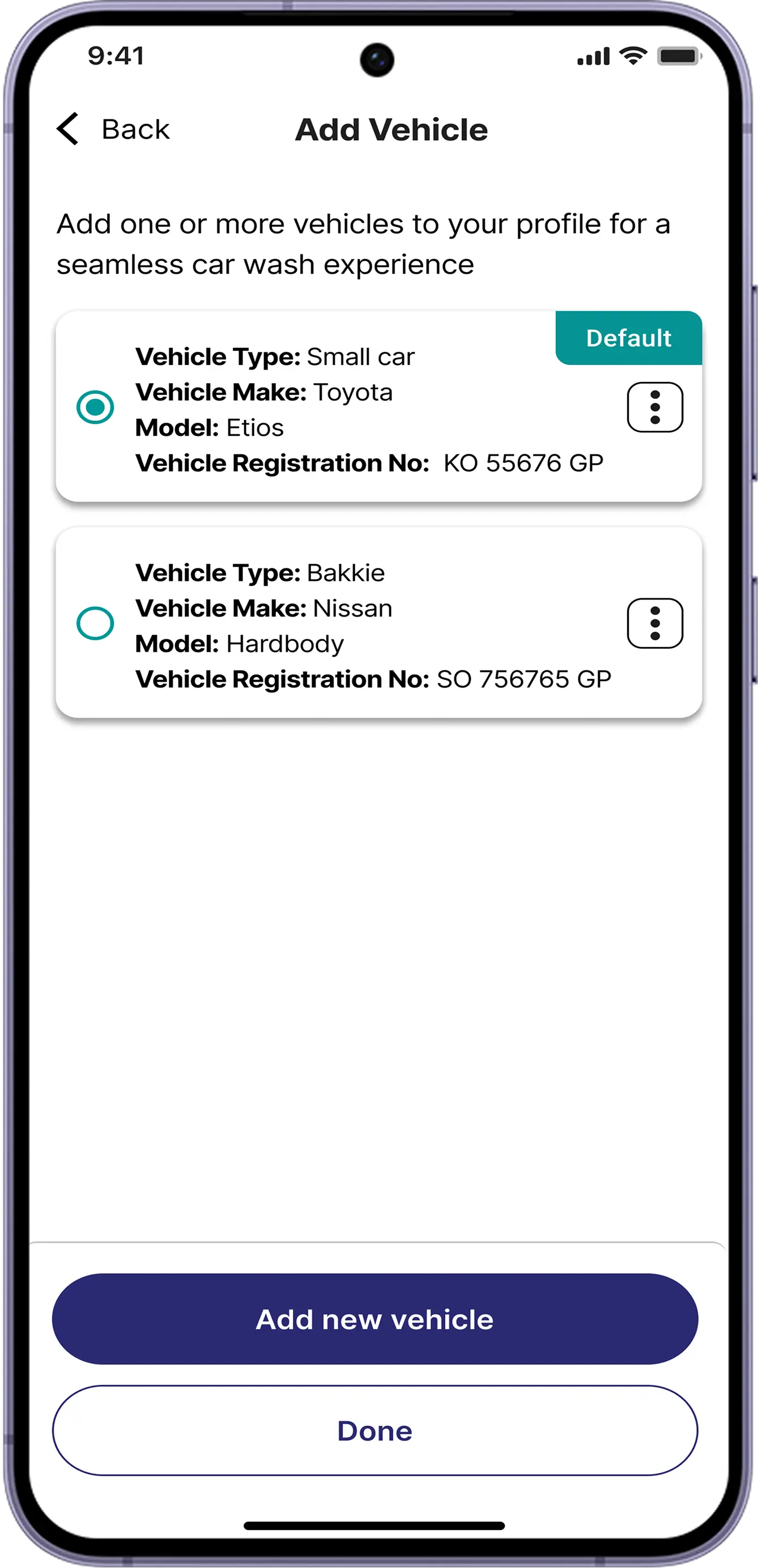 PrimeShine app screen showing mobile screen add vehicle screen page