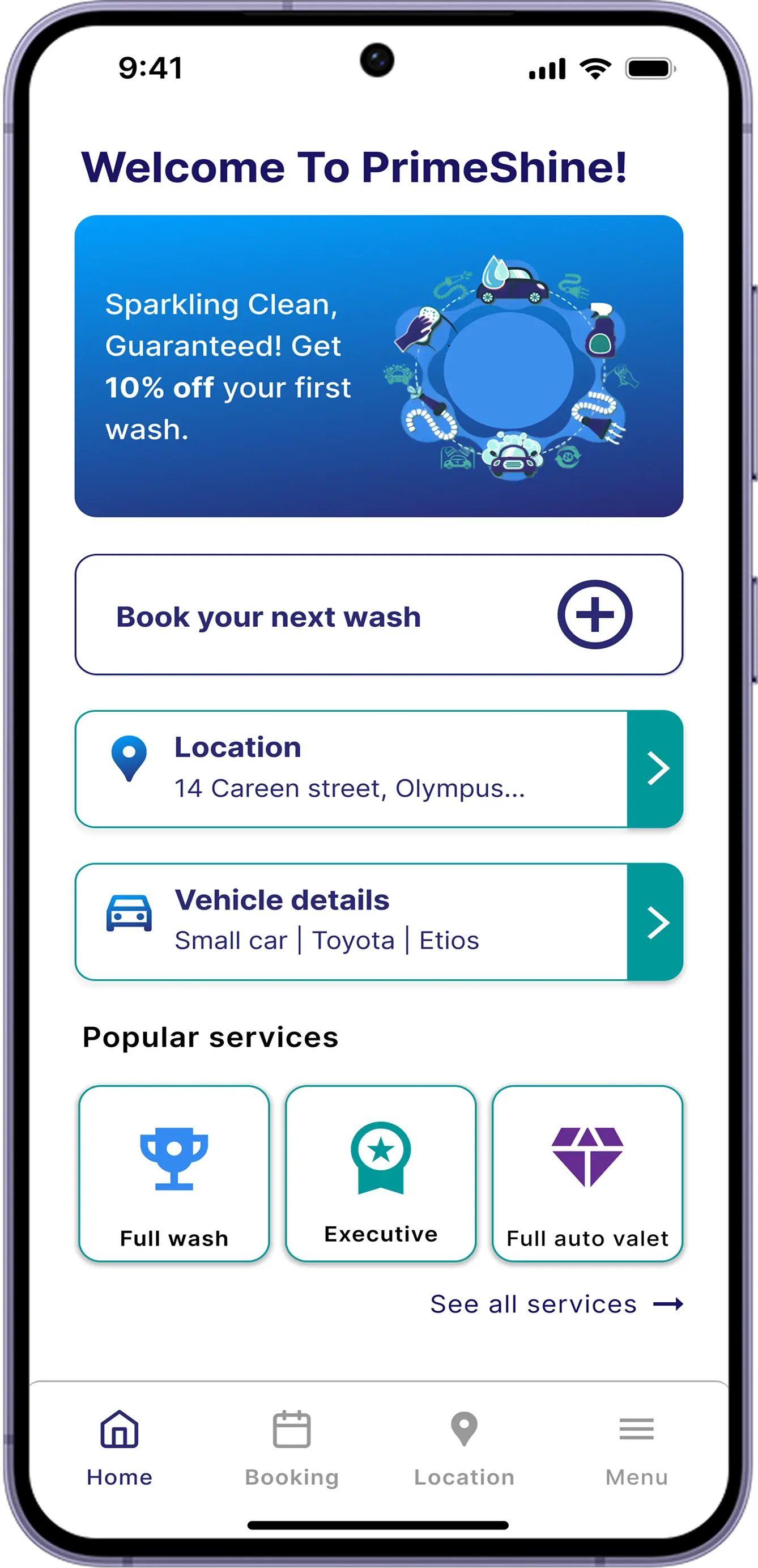 PrimeShine app screen showing mobile screen welcome page